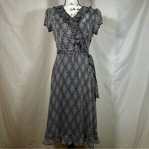 JBS Faux Wrap Dress Womens 6 Black & White Polka Dots Sheer with Ruffle Hem